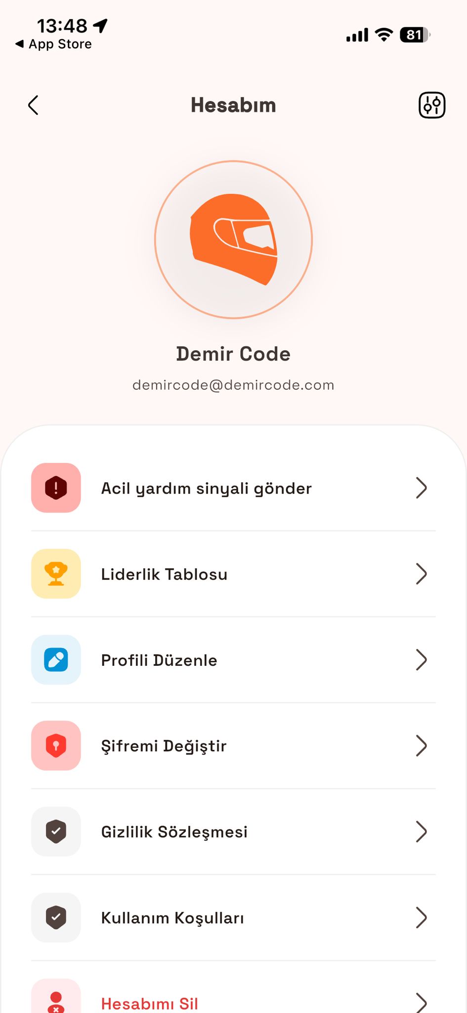 Gidonx Hesabım ekranı: profil, acil yardım sinyali, liderlik tablosu ve gizlilik ayarları