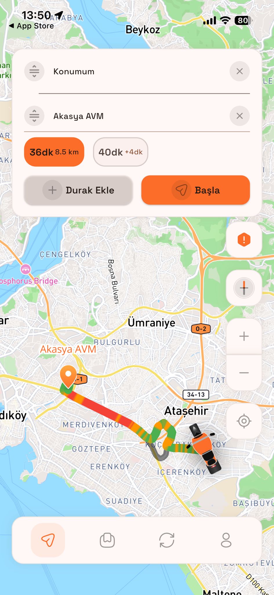 Gidonx rota planlama ekranı: Konumum → Akasya AVM rotası, 36 dakika ve 40 dakika alternatif seçenekleri