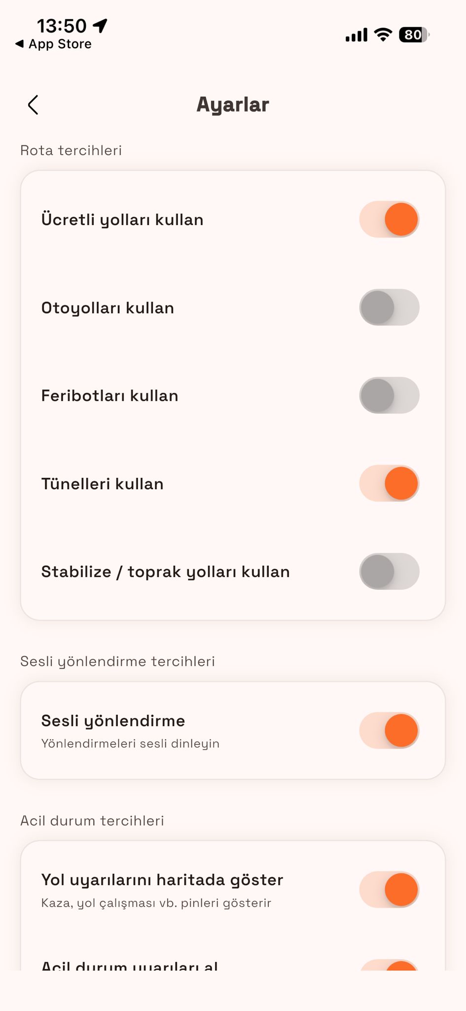 Gidonx rota tercihleri ayar ekranı: Ücretli yollar, otoyollar, feribotlar, tüneller ve stabilize yol toggle'ları